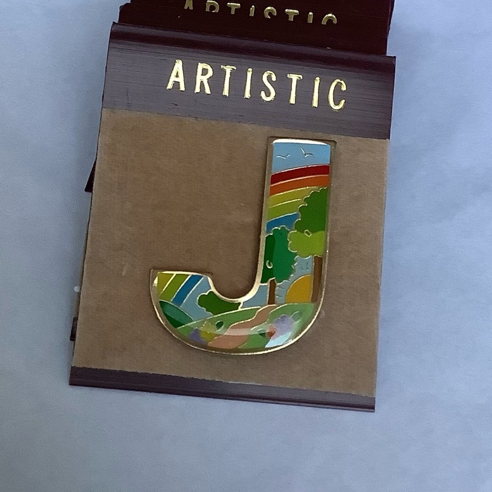 NWOT Vintage Rainbow Cloisonné “J” monogram brooch pin